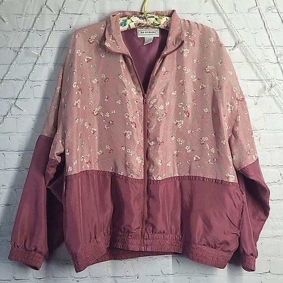 Vintage 90s Silk Exchange 100% Silk Floral Blush Pink Full Zip Jacket Womens  XL - Picture 1 of 17